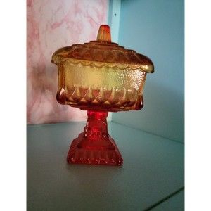 VTG Jeannette Square Glass Orange Red Flash Candy Dish 3.5"×3.5" wide 7" tall